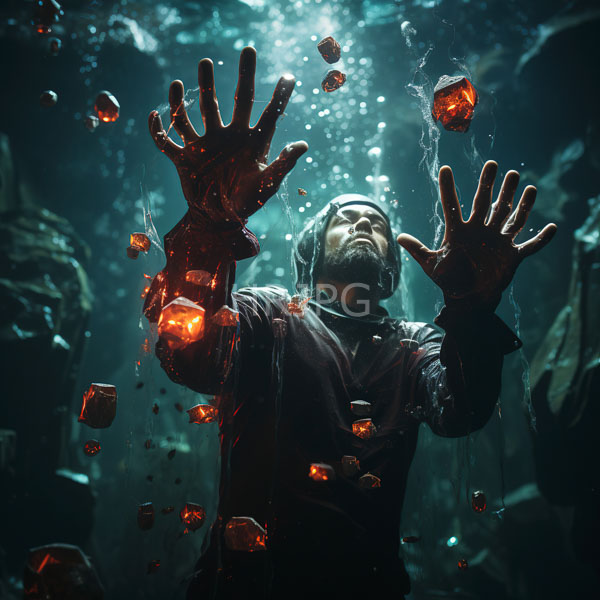 High Resolution: figure in a dark cave, surrounded by floating, glowing crystals. download. | HRJPG.com