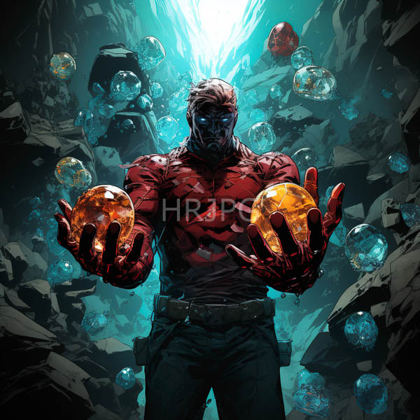 High Resolution: muscular figure in a cave, holding two glowing, crystalline spheres. download. | HRJPG.com