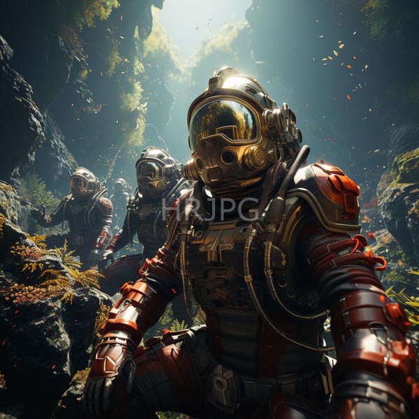 High Resolution: futuristic astronaut with a golden helmet, exploring a rocky terrain. download. | HRJPG.com