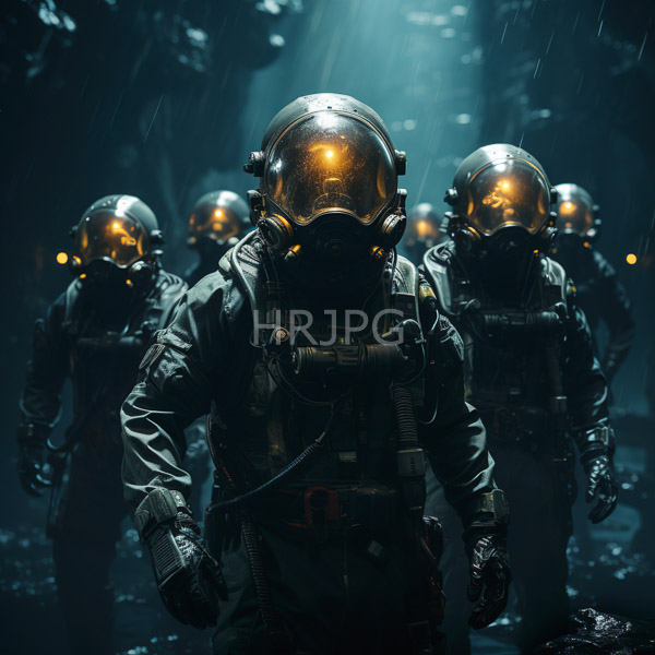 High Resolution: group of astronauts in dark, sleek spacesuits, standing in a cave. download. | HRJPG.com