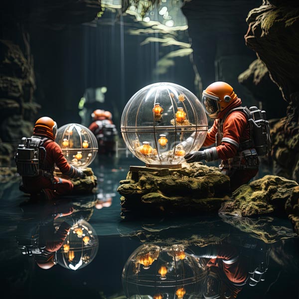 High Resolution: team of astronauts with glowing helmets, examining a mysterious orb. download. | HRJPG.com