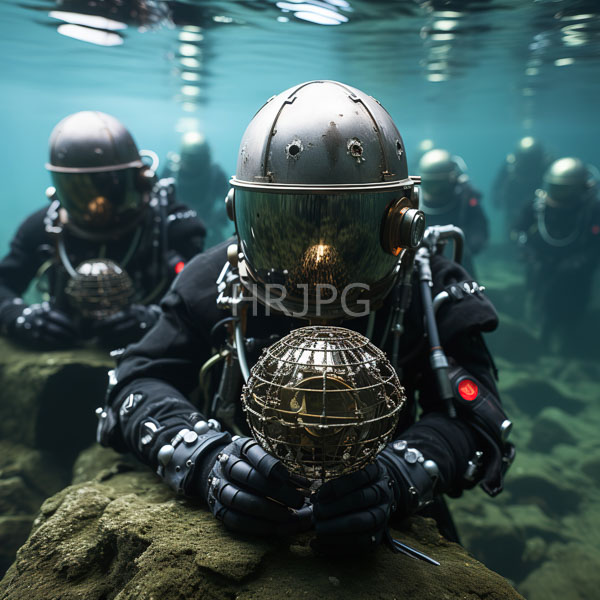 High Resolution: An astronaut in a diving suit, holding a glowing orb underwater. download. | HRJPG.com