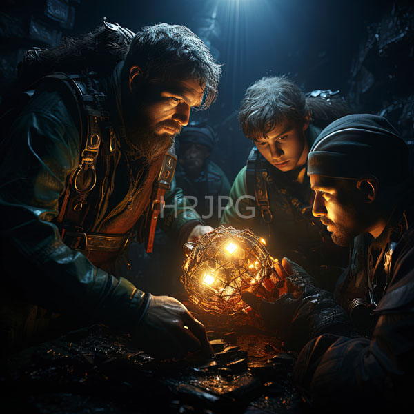 High Resolution: group of explorers discovering a bright, luminous gem in a dark cave. download. | HRJPG.com