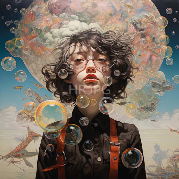 High Resolution: whimsical portrait of a woman with bubbles and a serene expression. download. | HRJPG.com