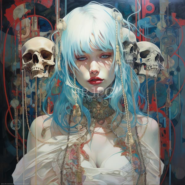 High Resolution: fantasy portrait of a woman with skulls and flowing blue hair. download. | HRJPG.com