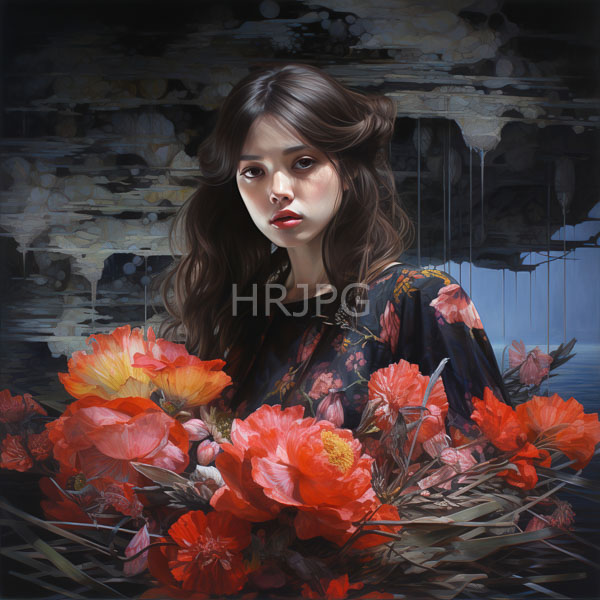 High Resolution: romantic portrait of a woman surrounded by blooming red flowers. download. | HRJPG.com