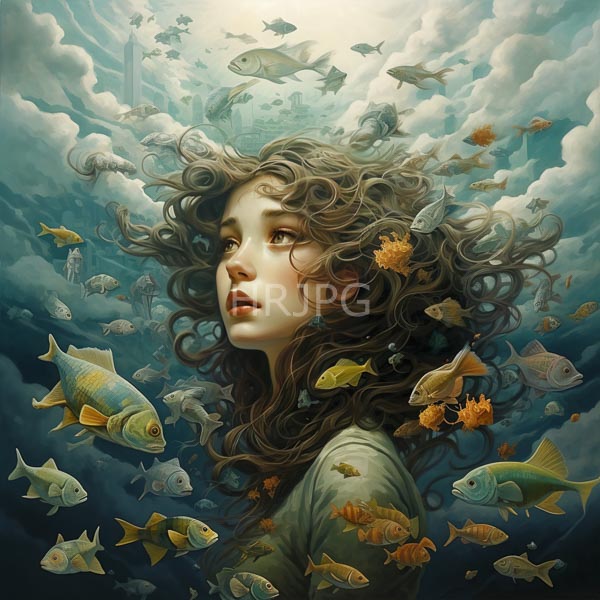 High Resolution: surreal painting of a woman with her hair transforming into fish. download. | HRJPG.com