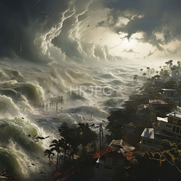 High Resolution: cinematic depiction of a massive storm surge hitting a coastal town. download. | HRJPG.com