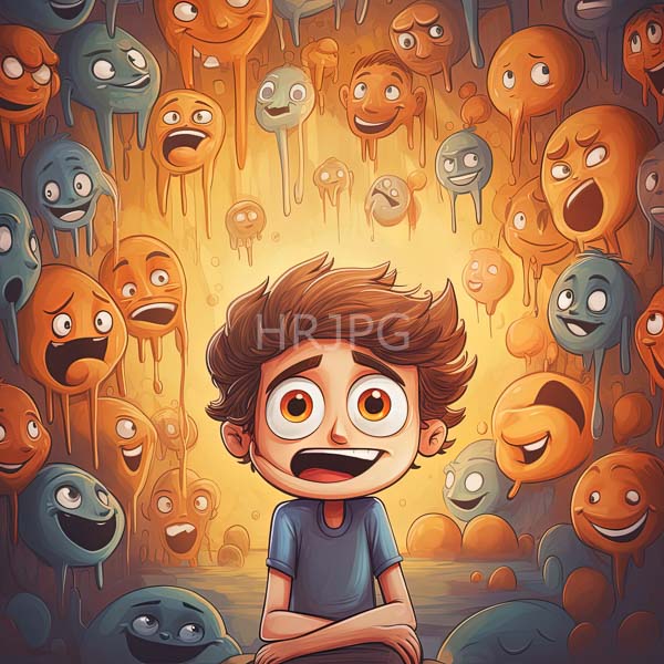 High Resolution: cartoonish portrait of a boy looking scared, surrounded by odd creatures. download. | HRJPG.com