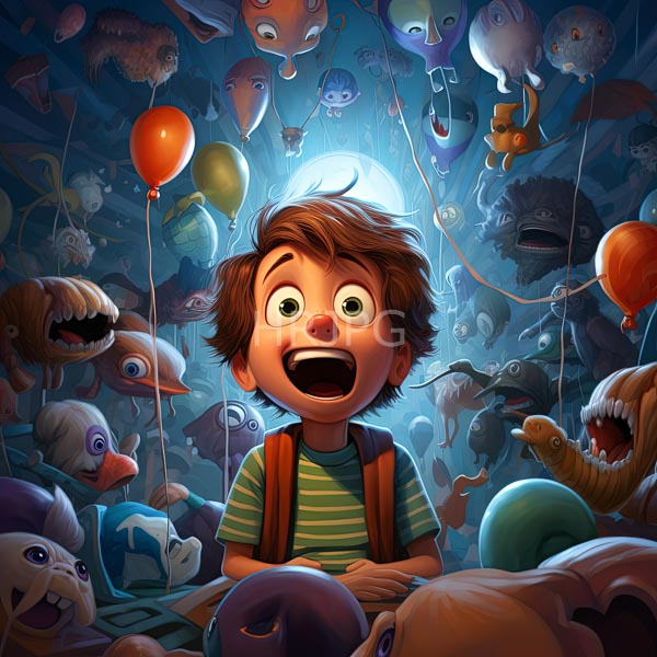 High Resolution: cute illustration of a boy with a surprised expression, surrounded by balloons. download. | HRJPG.com
