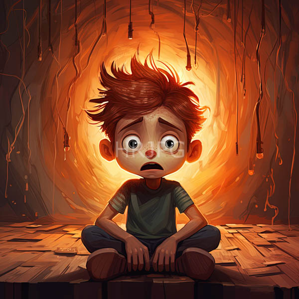 High Resolution: boy with a terrified expression, sitting in a glowing, surreal cave. download. | HRJPG.com