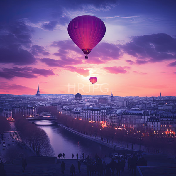 High Resolution: dramatic shot of a hot air balloon floating over Paris at sunset. download. | HRJPG.com
