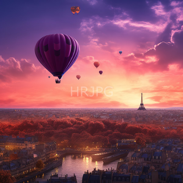 High Resolution: vibrant photo of a single hot air balloon over the Eiffel Tower at sunset. download. | HRJPG.com