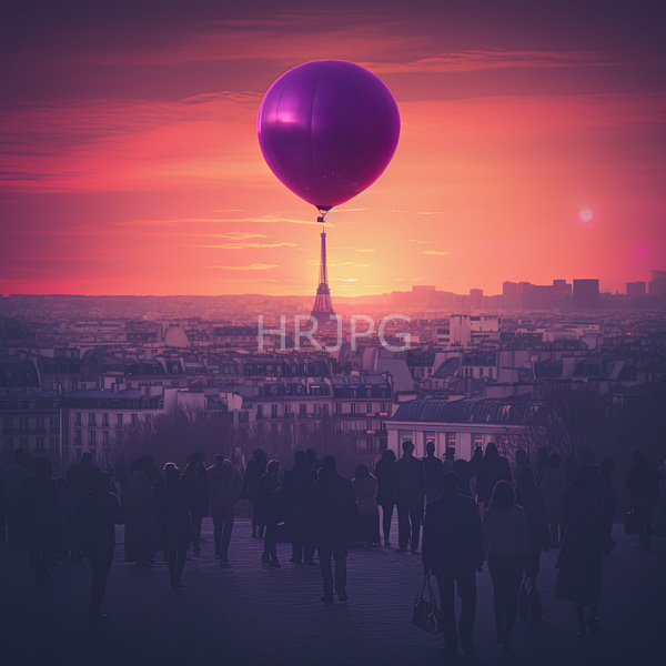 High Resolution: beautiful sunset view with a hot air balloon over the Parisian cityscape. download. | HRJPG.com