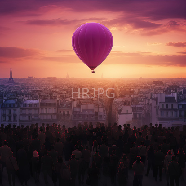 High Resolution: stunning shot of a hot air balloon floating over a city at dusk. download. | HRJPG.com