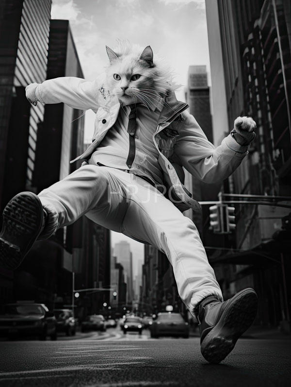 High Resolution: Man in a cat head mask jumping in a busy city intersection download. | HRJPG.com