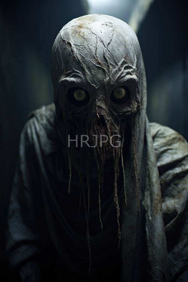 High Resolution: Horrible creature with huge eyes and a hooded robe in a dark room download. | HRJPG.com