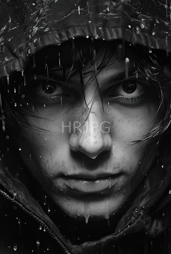 High Resolution: Close up portrait of a young man in the rain looking at camera download. | HRJPG.com