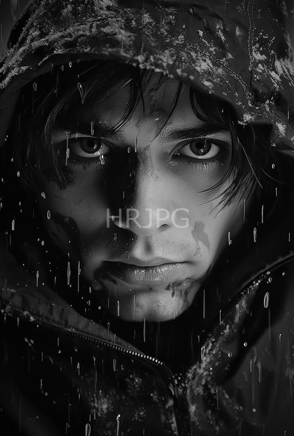 High Resolution: Close-up portrait of a young man looking at the camera in the rain download. | HRJPG.com