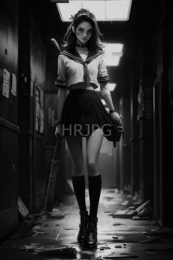 High Resolution: Female wearing a school uniform in a dark alley at night download. | HRJPG.com