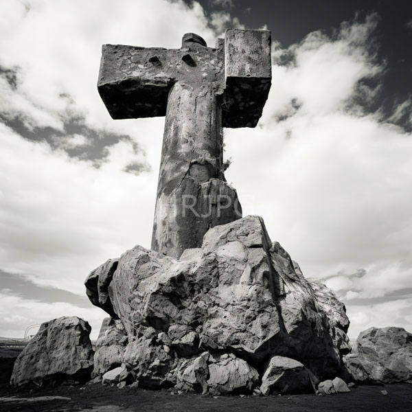 High Resolution: Large concrete cross standing on a mound of gray rocks download. | HRJPG.com
