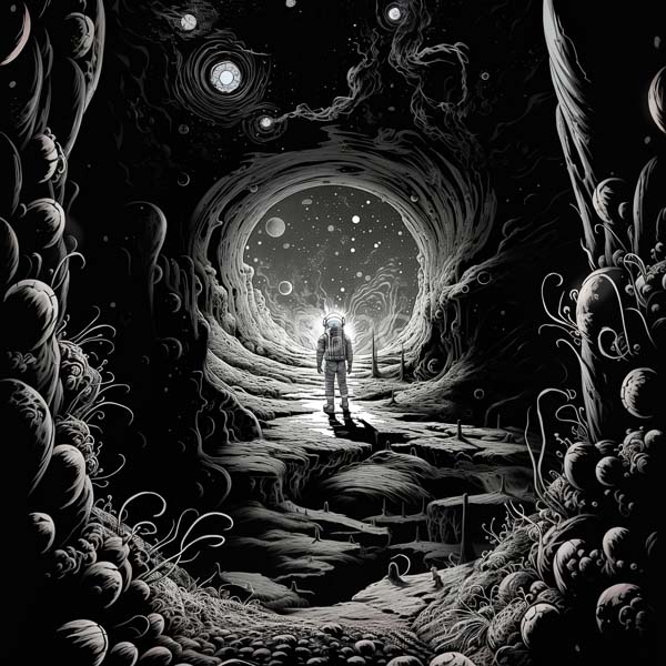 High Resolution: Male astronaut walking on a rocky path toward a distant light download. | HRJPG.com