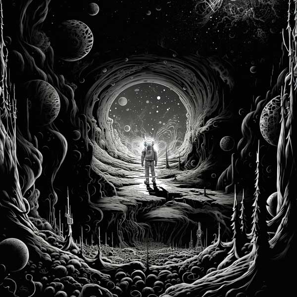 High Resolution: Male astronaut on a rocky path towards a shining portal download. | HRJPG.com