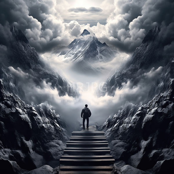 High Resolution: A man climbing up a flight of stairs on a misty mountain download. | HRJPG.com