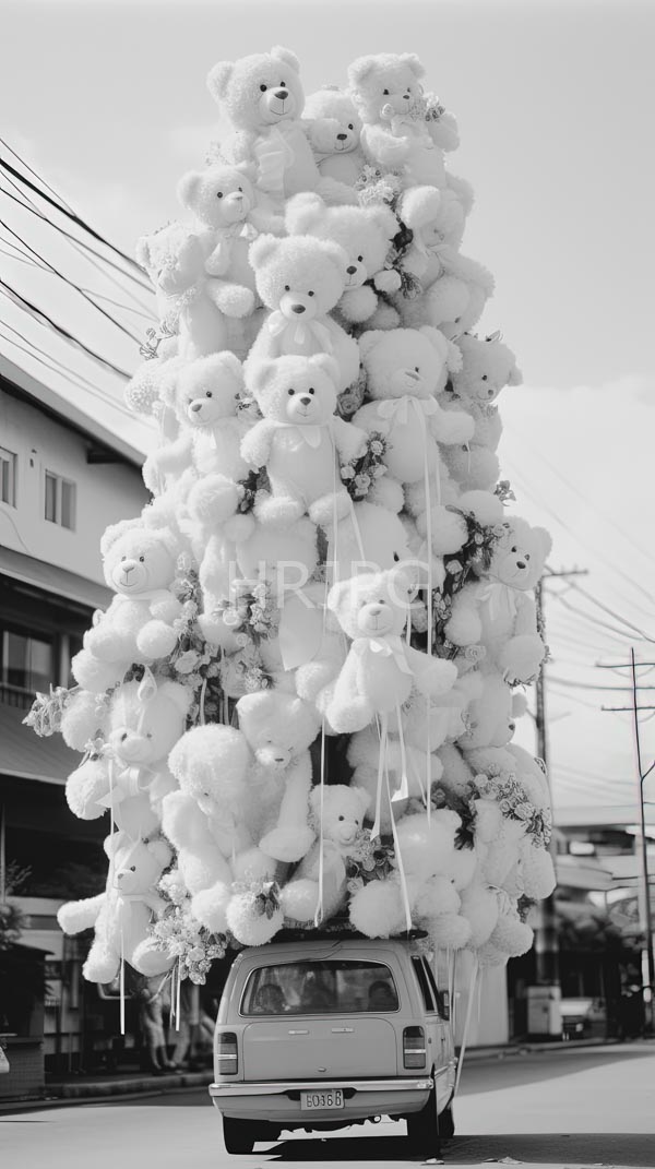 High Resolution: Van transporting a massive tree made of white puffy balloons download. | HRJPG.com