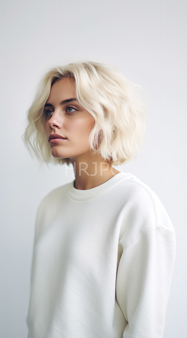 High Resolution: Young woman with short blond hair wearing a simple white sweatshirt download. | HRJPG.com