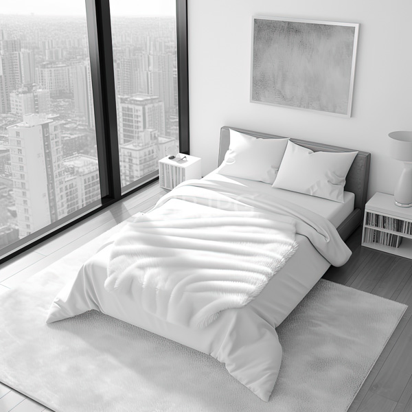 High Resolution: Small bedroom with a white bed overlooking the city through a large window download. | HRJPG.com