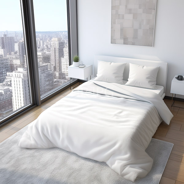 High Resolution: A clean and tidy bed in a spacious room with a view of the cityscape download. | HRJPG.com