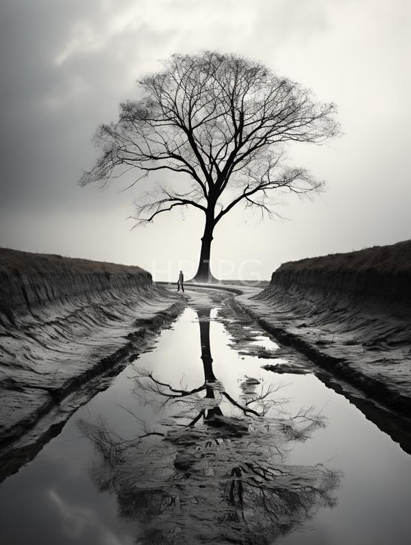 High Resolution: Lone tree reflecting in a puddle on a wet and muddy country road download. | HRJPG.com
