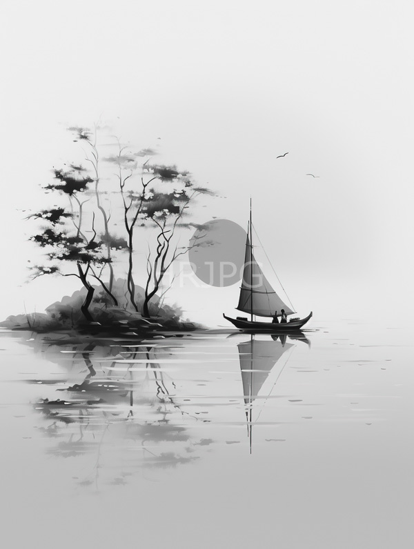 High Resolution: A peaceful sailboat on a calm lake with a small island in the distance download. | HRJPG.com