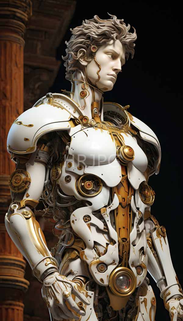 High Resolution: Humanoid robot with a marble statue head and wavy silver hair features an intricately designed body with white and gold mechanical components download. | HRJPG.com