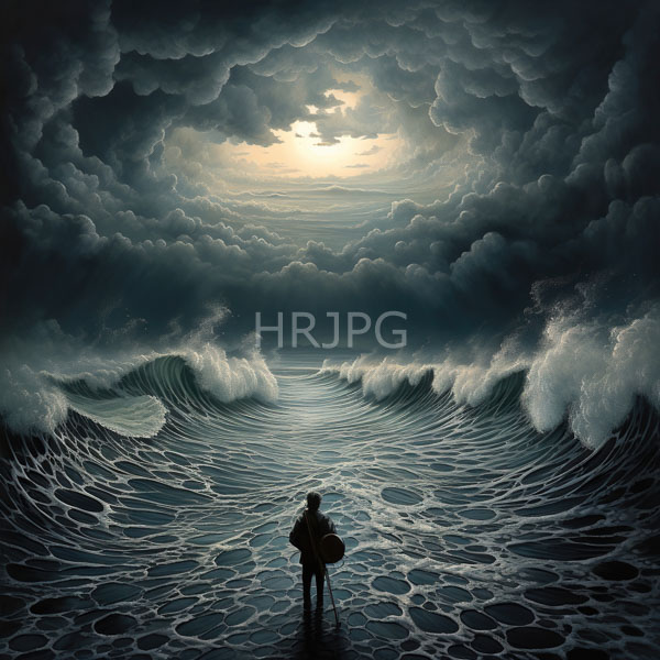 High Resolution: Lone surfer silhouetted in dark clothing stands facing a massive turbulent ocean wave under a dramatic cloud-filled sky holding a surfboard download. | HRJPG.com