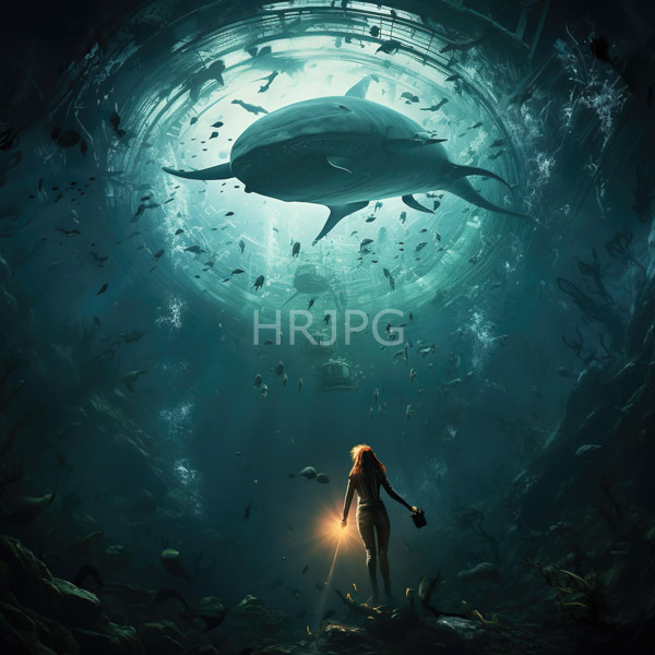 High Resolution: Lone female diver with flowing hair stands at the bottom of a vast circular underwater cavern gazing upward at a massive whale download. | HRJPG.com