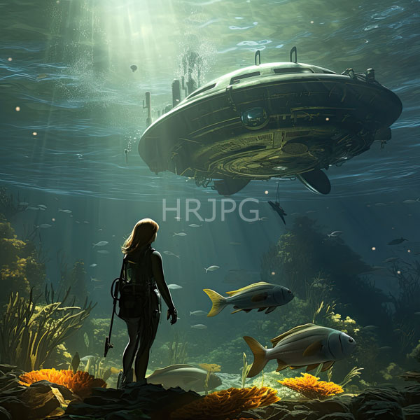 High Resolution: Lone female diver with long blonde hair in scuba gear stands on a coral reef looking up at a futuristic round underwater flying machine download. | HRJPG.com