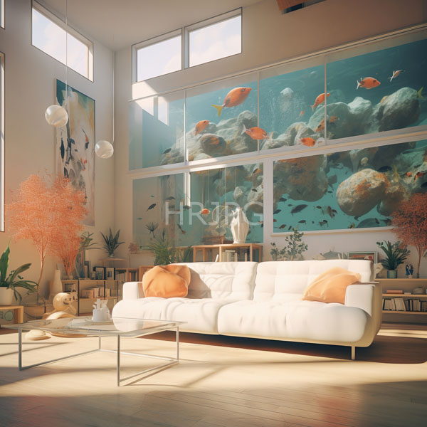High Resolution: Bright modern living room features a white sofa adorned with orange cushions and large turquoise aquarium-like murals of colorful fish and rocks download. | HRJPG.com