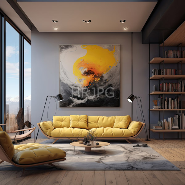 High Resolution: Modern living room featuring a yellow tufted leather sofa a wooden coffee table with a potted plant and a large abstract painting download. | HRJPG.com