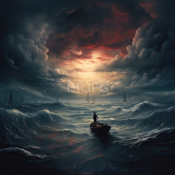 High Resolution: Solitary figure in a small boat navigates turbulent dark blue waves under a dramatic cloudy sky illuminated by a glowing red-orange sunset download. | HRJPG.com