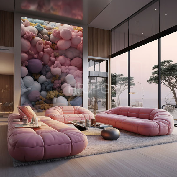 High Resolution: Modern living room featuring two plush pink bubble-shaped sofas a beige rug a glass coffee table and a colorful 3D bubble wall mural download. | HRJPG.com