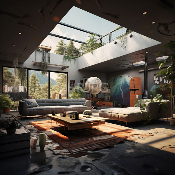 High Resolution: Modern sunlit two-story living room includes large floor-to-ceiling windows a gray sectional sofa a wooden coffee table and multiple potted plants download. | HRJPG.com