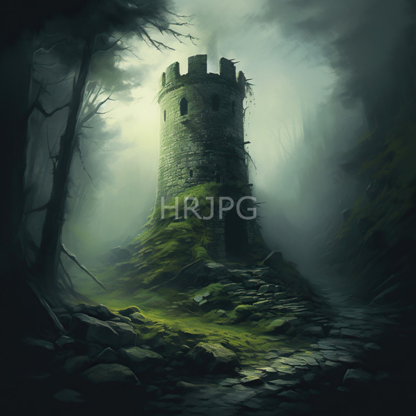 High Resolution: Moss-covered ancient stone tower with a crenellated top stands in a misty forested clearing surrounded by dark twisted trees download. | HRJPG.com
