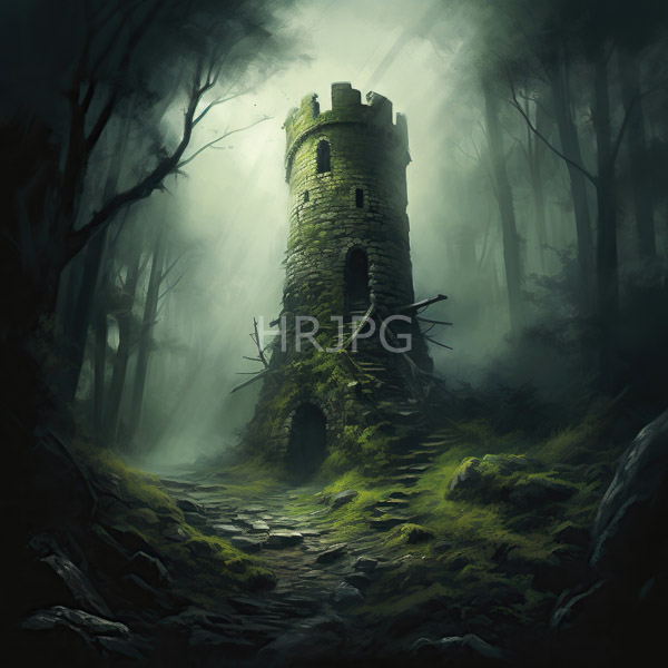 High Resolution: Moss-covered cylindrical stone tower with a crenelated top stands in a misty dark forest with a small dark entrance surrounded by leafless trees download. | HRJPG.com
