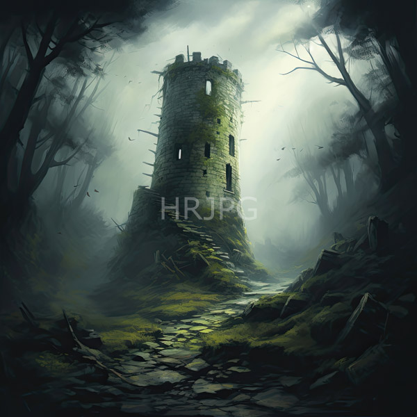 High Resolution: Moss-covered cylindrical stone tower with small rectangular windows stands in a misty dark forest with a cracked uneven stone path leading to its base download. | HRJPG.com