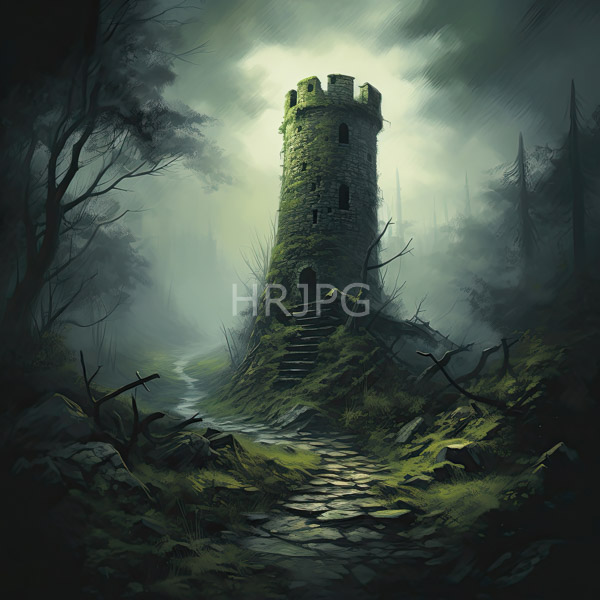 High Resolution: Moss-covered cylindrical stone tower with a crenelated top stands in a misty forested landscape with a winding stone-paved path leading to the tower download. | HRJPG.com