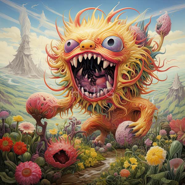 High Resolution: Monstrous fiery-yellow creature with sharp teeth large purple eyes and a gaping mouth stands in a vibrant chaotic flame-like environment download. | HRJPG.com