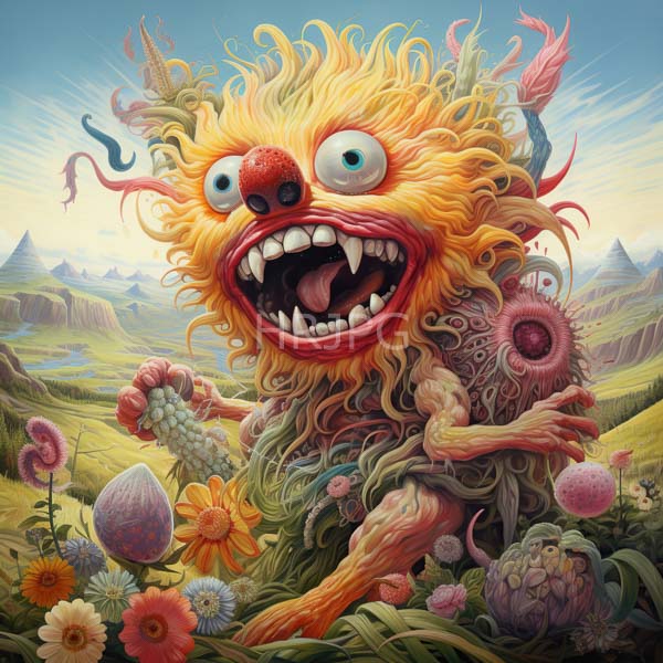 High Resolution: Grotesque yellow-orange monster with wild curly hair large bulging eyes and a wide toothy grin has a red bulbous nose and protruding tongue download. | HRJPG.com