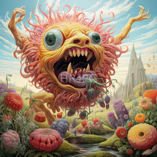 High Resolution: Surreal monstrous creature with a pink flame-like mane large green eyes and a wide toothy mouth hovers with extended tongue and clawed hands download. | HRJPG.com